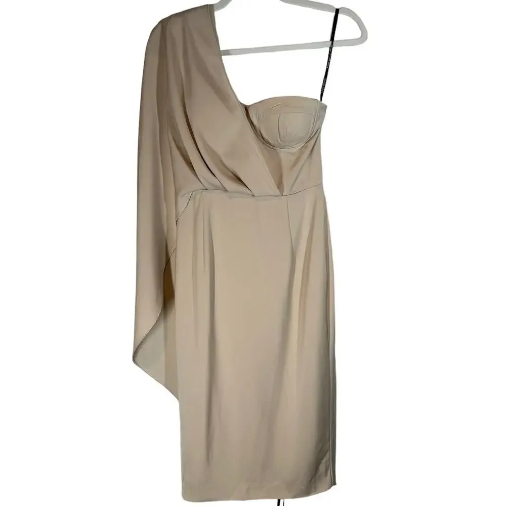 NWT Lavish Alice Corset Draped Cape Midi Dress Champagne Beige‎ Cream 4